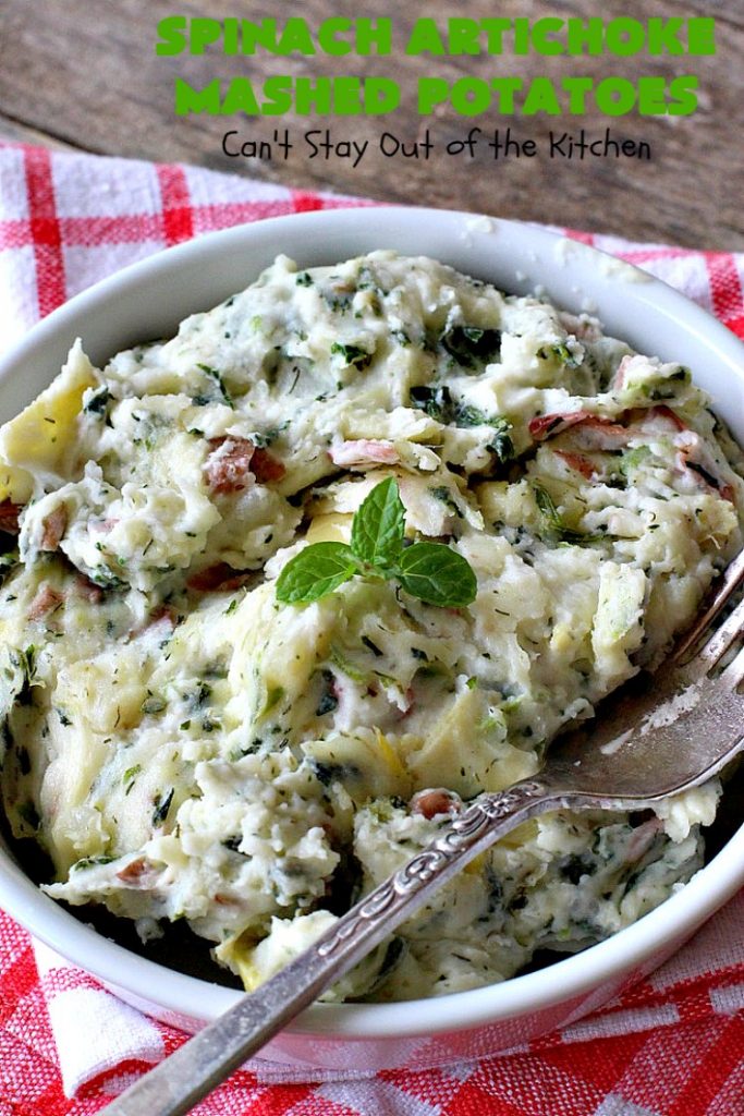 Spinach Artichoke Mashed Potatoes | Can't Stay Out of the Kitchen | this is a dynamic way to eat #mashedpotatoes. This one includes #creamcheese and sour cream along with #spinach, #artichokes & roasted #garlic. It's a terrific #sidedish for any meal but particularly delightful for company & #holidays like #Thanksgiving or #Christmas. #glutenfree