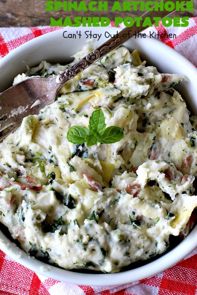 Spinach Artichoke Mashed Potatoes | Can't Stay Out of the Kitchen | this is a dynamic way to eat #mashedpotatoes. This one includes #creamcheese and sour cream along with #spinach, #artichokes & roasted #garlic. It's a terrific #sidedish for any meal but particularly delightful for company & #holidays like #Thanksgiving or #Christmas. #glutenfree