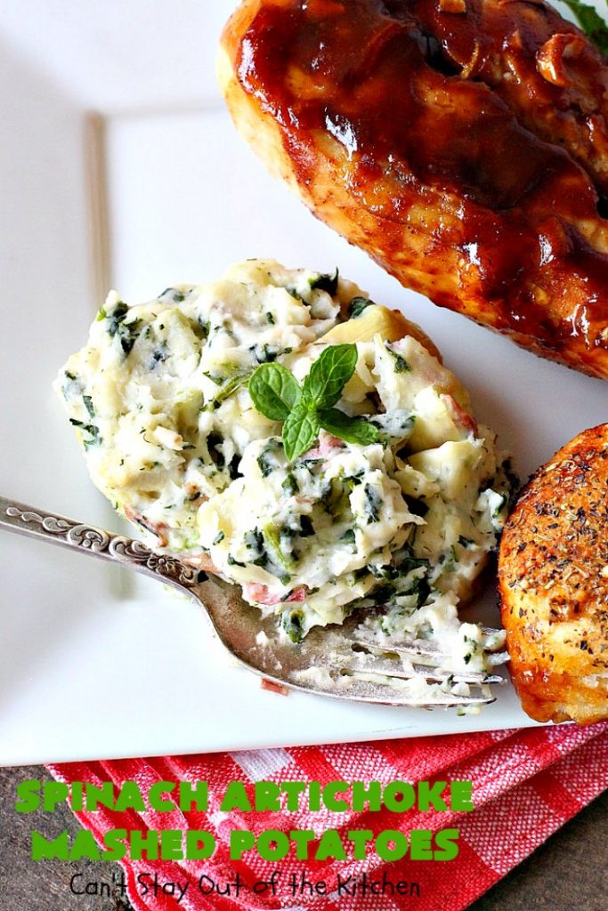 Spinach Artichoke Mashed Potatoes | Can't Stay Out of the Kitchen | this is a dynamic way to eat #mashedpotatoes. This one includes #creamcheese and sour cream along with #spinach, #artichokes & roasted #garlic. It's a terrific #sidedish for any meal but particularly delightful for company & #holidays like #Thanksgiving or #Christmas. #glutenfree