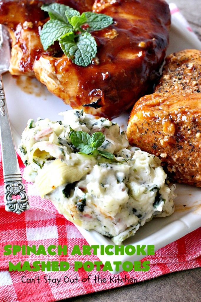 Spinach Artichoke Mashed Potatoes | Can't Stay Out of the Kitchen | this is a dynamic way to eat #mashedpotatoes. This one includes #creamcheese and sour cream along with #spinach, #artichokes & roasted #garlic. It's a terrific #sidedish for any meal but particularly delightful for company & #holidays like #Thanksgiving or #Christmas. #glutenfree