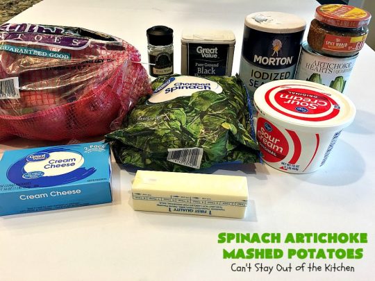 Spinach Artichoke Mashed Potatoes | Can't Stay Out of the Kitchen | this is a dynamic way to eat #mashedpotatoes. This one includes #creamcheese and sour cream along with #spinach, #artichokes & roasted #garlic. It's a terrific #sidedish for any meal but particularly delightful for company & #holidays like #Thanksgiving or #Christmas. #glutenfree