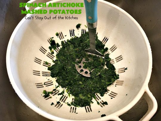 Spinach Artichoke Mashed Potatoes | Can't Stay Out of the Kitchen | this is a dynamic way to eat #mashedpotatoes. This one includes #creamcheese and sour cream along with #spinach, #artichokes & roasted #garlic. It's a terrific #sidedish for any meal but particularly delightful for company & #holidays like #Thanksgiving or #Christmas. #glutenfree
