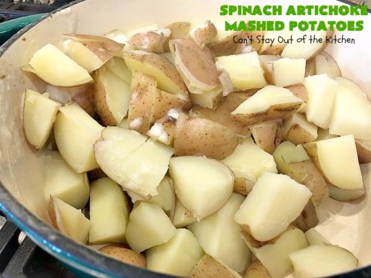 Spinach Artichoke Mashed Potatoes | Can't Stay Out of the Kitchen | this is a dynamic way to eat #mashedpotatoes. This one includes #creamcheese and sour cream along with #spinach, #artichokes & roasted #garlic. It's a terrific #sidedish for any meal but particularly delightful for company & #holidays like #Thanksgiving or #Christmas. #glutenfree