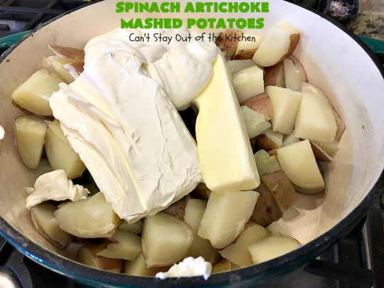 Spinach Artichoke Mashed Potatoes | Can't Stay Out of the Kitchen | this is a dynamic way to eat #mashedpotatoes. This one includes #creamcheese and sour cream along with #spinach, #artichokes & roasted #garlic. It's a terrific #sidedish for any meal but particularly delightful for company & #holidays like #Thanksgiving or #Christmas. #glutenfree