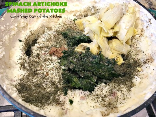 Spinach Artichoke Mashed Potatoes | Can't Stay Out of the Kitchen | this is a dynamic way to eat #mashedpotatoes. This one includes #creamcheese and sour cream along with #spinach, #artichokes & roasted #garlic. It's a terrific #sidedish for any meal but particularly delightful for company & #holidays like #Thanksgiving or #Christmas. #glutenfree