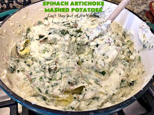 Spinach Artichoke Mashed Potatoes | Can't Stay Out of the Kitchen | this is a dynamic way to eat #mashedpotatoes. This one includes #creamcheese and sour cream along with #spinach, #artichokes & roasted #garlic. It's a terrific #sidedish for any meal but particularly delightful for company & #holidays like #Thanksgiving or #Christmas. #glutenfree