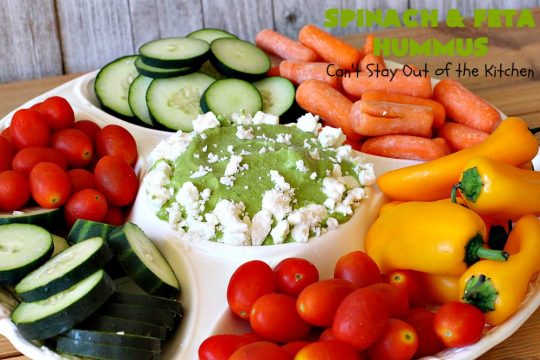 Spinach and Feta Hummus | Can't Stay Out of the Kitchen | this fantastic #hummus #recipe includes fresh #spinach, #FetaCheese, #GarbanzoBeans & some great spices that give it a little kick. Wonderful #appetizer for #holiday or #NewYearsDay parties or #Tailgating or #SuperBowl parties. Healthy, low calorie, #GlutenFree #SpinachFetaHummus