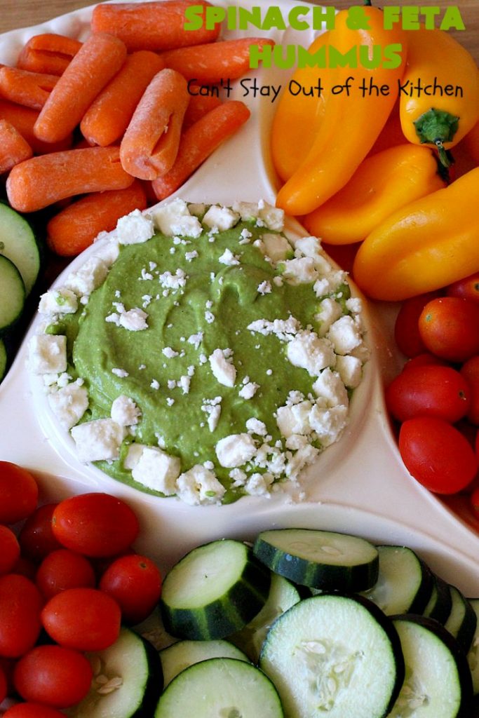 Spinach and Feta Hummus | Can't Stay Out of the Kitchen | this fantastic #hummus #recipe includes fresh #spinach, #FetaCheese, #GarbanzoBeans & some great spices that give it a little kick. Wonderful #appetizer for #holiday or #NewYearsDay parties or #Tailgating or #SuperBowl parties. Healthy, low calorie, #GlutenFree #SpinachFetaHummus