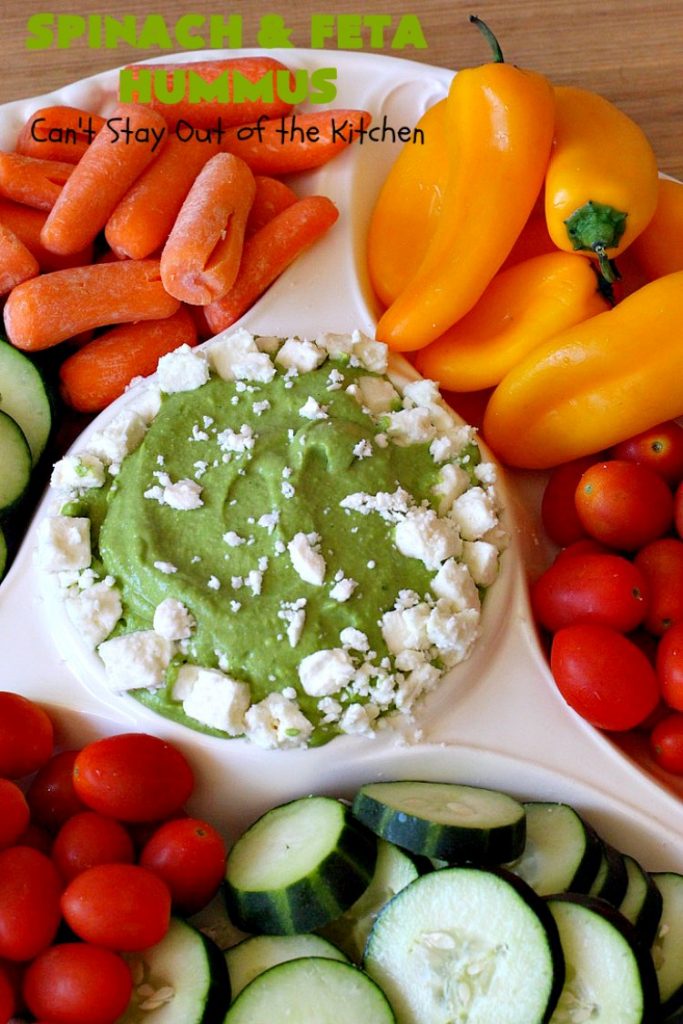 Spinach and Feta Hummus | Can't Stay Out of the Kitchen | this fantastic #hummus #recipe includes fresh #spinach, #FetaCheese, #GarbanzoBeans & some great spices that give it a little kick. Wonderful #appetizer for #holiday or #NewYearsDay parties or #Tailgating or #SuperBowl parties. Healthy, low calorie, #GlutenFree #SpinachFetaHummus