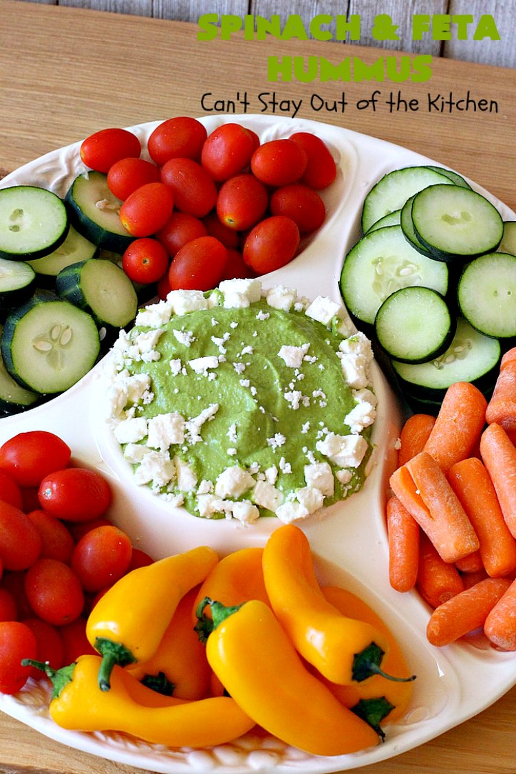 Spinach and Feta Hummus | Can't Stay Out of the Kitchen | this fantastic #hummus #recipe includes fresh #spinach, #FetaCheese, #GarbanzoBeans & some great spices that give it a little kick. Wonderful #appetizer for #holiday or #NewYearsDay parties or #Tailgating or #SuperBowl parties. Healthy, low calorie, #GlutenFree #SpinachFetaHummus