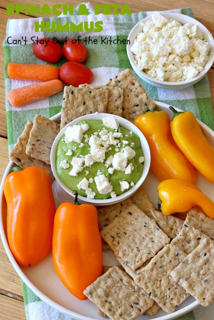 Spinach and Feta Hummus | Can't Stay Out of the Kitchen | this fantastic #hummus #recipe includes fresh #spinach, #FetaCheese, #GarbanzoBeans & some great spices that give it a little kick. Wonderful #appetizer for #holiday or #NewYearsDay parties or #Tailgating or #SuperBowl parties. Healthy, low calorie, #GlutenFree #SpinachFetaHummus