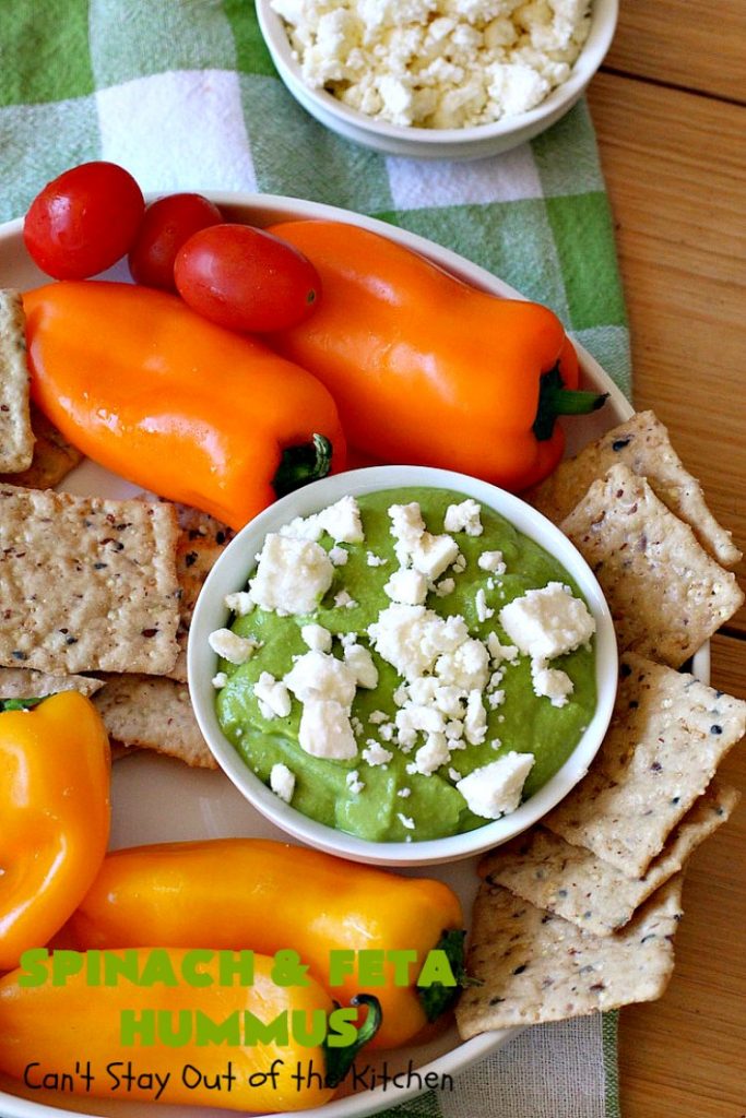 Spinach and Feta Hummus | Can't Stay Out of the Kitchen | this fantastic #hummus #recipe includes fresh #spinach, #FetaCheese, #GarbanzoBeans & some great spices that give it a little kick. Wonderful #appetizer for #holiday or #NewYearsDay parties or #Tailgating or #SuperBowl parties. Healthy, low calorie, #GlutenFree #SpinachFetaHummus