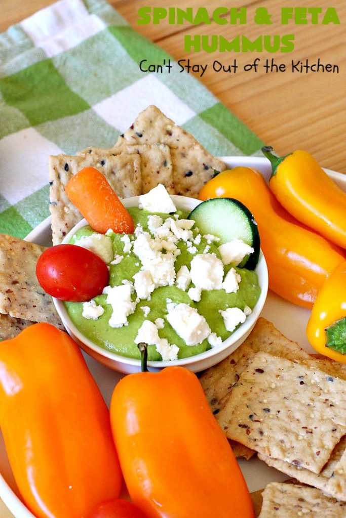 Spinach and Feta Hummus | Can't Stay Out of the Kitchen | this fantastic #hummus #recipe includes fresh #spinach, #FetaCheese, #GarbanzoBeans & some great spices that give it a little kick. Wonderful #appetizer for #holiday or #NewYearsDay parties or #Tailgating or #SuperBowl parties. Healthy, low calorie, #GlutenFree #SpinachFetaHummus