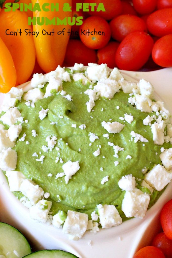 Spinach and Feta Hummus | Can't Stay Out of the Kitchen | this fantastic #hummus #recipe includes fresh #spinach, #FetaCheese, #GarbanzoBeans & some great spices that give it a little kick. Wonderful #appetizer for #holiday or #NewYearsDay parties or #Tailgating or #SuperBowl parties. Healthy, low calorie, #GlutenFree #SpinachFetaHummus