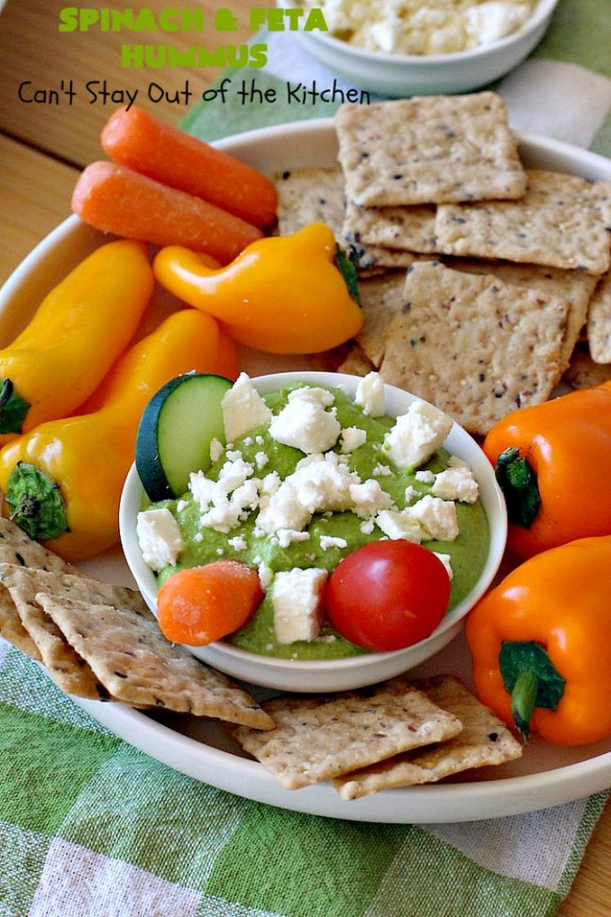 Spinach and Feta Hummus | Can't Stay Out of the Kitchen | this fantastic #hummus #recipe includes fresh #spinach, #FetaCheese, #GarbanzoBeans & some great spices that give it a little kick. Wonderful #appetizer for #holiday or #NewYearsDay parties or #Tailgating or #SuperBowl parties. Healthy, low calorie, #GlutenFree #SpinachFetaHummus