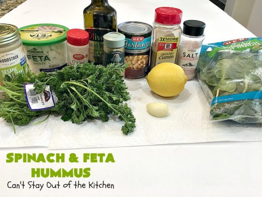 Spinach and Feta Hummus | Can't Stay Out of the Kitchen | this fantastic #hummus #recipe includes fresh #spinach, #FetaCheese, #GarbanzoBeans & some great spices that give it a little kick. Wonderful #appetizer for #holiday or #NewYearsDay parties or #Tailgating or #SuperBowl parties. Healthy, low calorie, #GlutenFree #SpinachFetaHummus