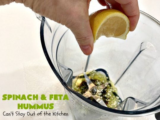 Spinach and Feta Hummus | Can't Stay Out of the Kitchen | this fantastic #hummus #recipe includes fresh #spinach, #FetaCheese, #GarbanzoBeans & some great spices that give it a little kick. Wonderful #appetizer for #holiday or #NewYearsDay parties or #Tailgating or #SuperBowl parties. Healthy, low calorie, #GlutenFree #SpinachFetaHummus