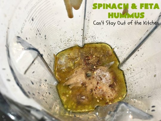 Spinach and Feta Hummus | Can't Stay Out of the Kitchen | this fantastic #hummus #recipe includes fresh #spinach, #FetaCheese, #GarbanzoBeans & some great spices that give it a little kick. Wonderful #appetizer for #holiday or #NewYearsDay parties or #Tailgating or #SuperBowl parties. Healthy, low calorie, #GlutenFree #SpinachFetaHummus