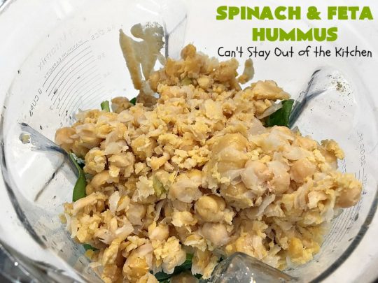 Spinach and Feta Hummus | Can't Stay Out of the Kitchen | this fantastic #hummus #recipe includes fresh #spinach, #FetaCheese, #GarbanzoBeans & some great spices that give it a little kick. Wonderful #appetizer for #holiday or #NewYearsDay parties or #Tailgating or #SuperBowl parties. Healthy, low calorie, #GlutenFree #SpinachFetaHummus