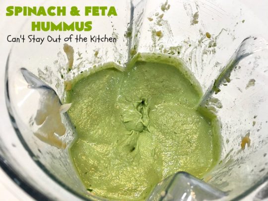 Spinach and Feta Hummus | Can't Stay Out of the Kitchen | this fantastic #hummus #recipe includes fresh #spinach, #FetaCheese, #GarbanzoBeans & some great spices that give it a little kick. Wonderful #appetizer for #holiday or #NewYearsDay parties or #Tailgating or #SuperBowl parties. Healthy, low calorie, #GlutenFree #SpinachFetaHummus