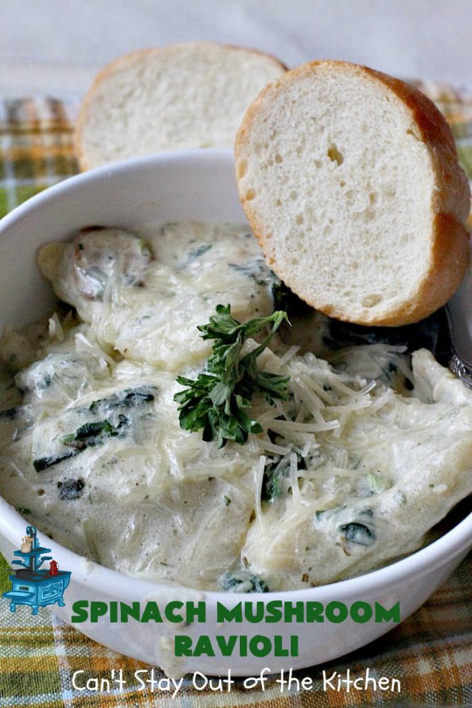 Spinach Mushroom Ravioli | Can't Stay Out of the Kitchen | This #MeatlessMonday #recipe can be dinner ready in less than 30 minutes! It's totally mouthwatering & irresistible. This fabulous #pasta dish is filled with three #cheeses, #spinach and two kinds of #mushrooms in a #garlic #AlfredoSauce that's succulent and amazing. #ravioli #SpinachMushroomRavioli