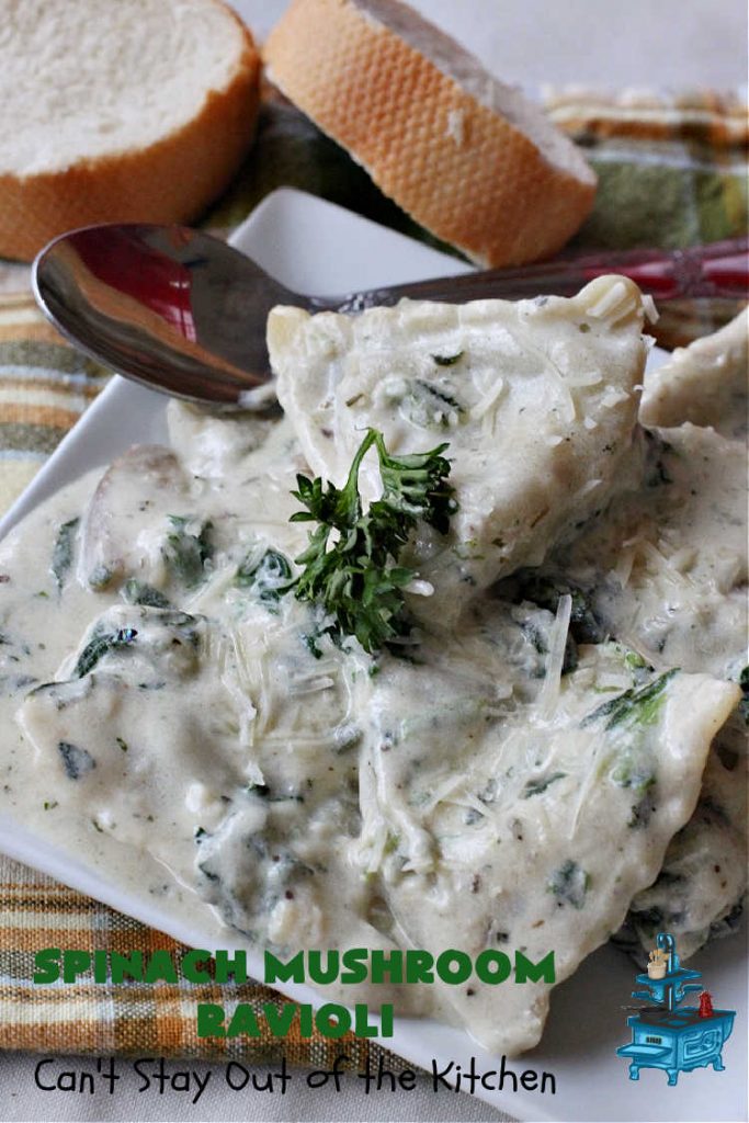 Spinach Mushroom Ravioli | Can't Stay Out of the Kitchen | This #MeatlessMonday #recipe can be dinner ready in less than 30 minutes! It's totally mouthwatering & irresistible. This fabulous #pasta dish is filled with three #cheeses, #spinach and two kinds of #mushrooms in a #garlic #AlfredoSauce that's succulent and amazing. #ravioli #SpinachMushroomRavioli