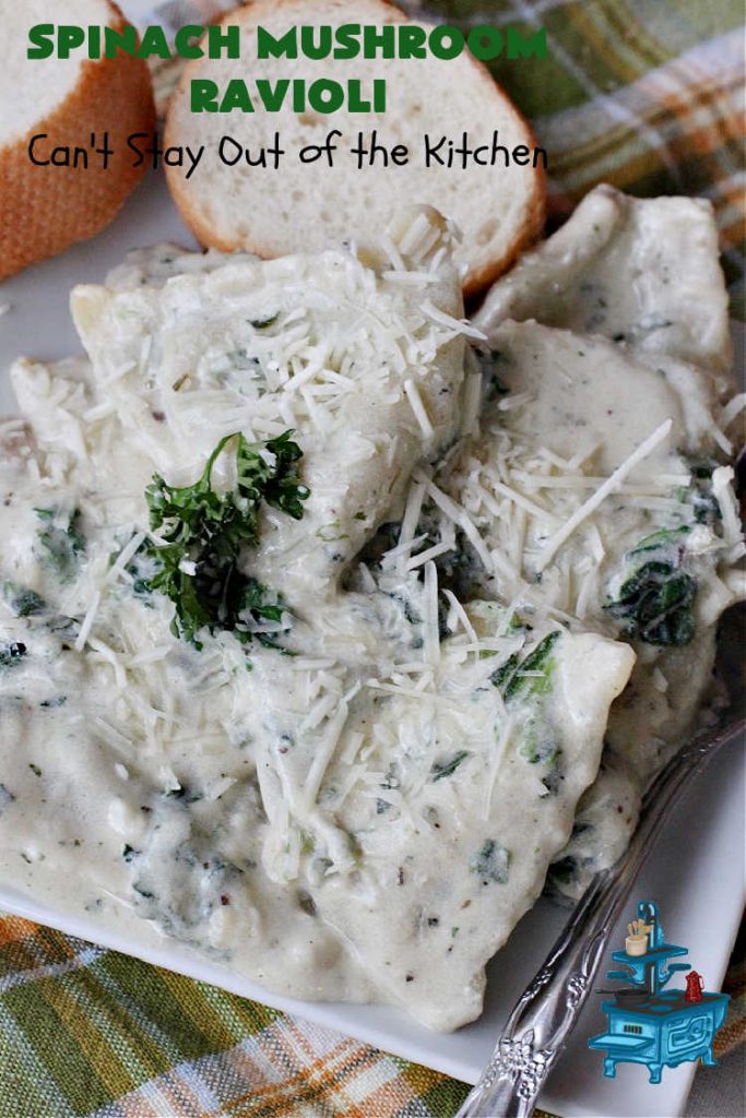 Spinach Mushroom Ravioli | Can't Stay Out of the Kitchen | This #MeatlessMonday #recipe can be dinner ready in less than 30 minutes! It's totally mouthwatering & irresistible. This fabulous #pasta dish is filled with three #cheeses, #spinach and two kinds of #mushrooms in a #garlic #AlfredoSauce that's succulent and amazing. #ravioli #SpinachMushroomRavioli