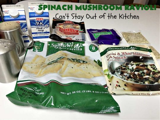 Spinach Mushroom Ravioli | Can't Stay Out of the Kitchen | This #MeatlessMonday #recipe can be dinner ready in less than 30 minutes! It's totally mouthwatering & irresistible. This fabulous #pasta dish is filled with three #cheeses, #spinach and two kinds of #mushrooms in a #garlic #AlfredoSauce that's succulent and amazing. #ravioli #SpinachMushroomRavioli