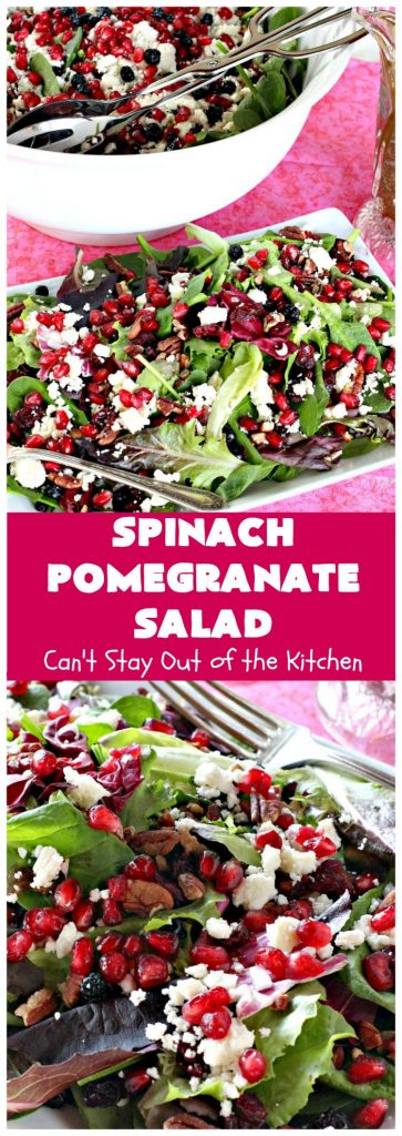 Spinach Pomegranate Salad | Can't Stay Out of the Kitchen | this fantastic #salad is filled with dried #blueberries, #craisins, #pecans #pomegranate arils & #feta cheese. It has a healthy 3-ingredient dressing using #maplesyrup. This is perfect for company or #holidays like #MothersDay or #FathersDay. #glutenfree #cleaneating