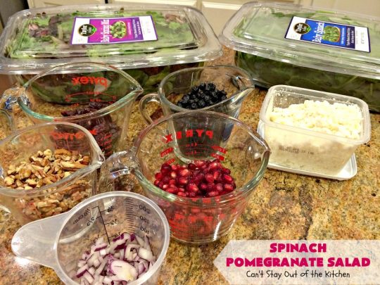 Spinach Pomegranate Salad | Can't Stay Out of the Kitchen | this fantastic #salad is filled with dried #blueberries, #craisins, #pecans #pomegranate arils & #feta cheese. It has a healthy 3-ingredient dressing using #maplesyrup. This is perfect for company or #holidays like #MothersDay or #FathersDay. #glutenfree #cleaneating
