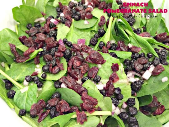 Spinach Pomegranate Salad | Can't Stay Out of the Kitchen | this fantastic #salad is filled with dried #blueberries, #craisins, #pecans #pomegranate arils & #feta cheese. It has a healthy 3-ingredient dressing using #maplesyrup. This is perfect for company or #holidays like #MothersDay or #FathersDay. #glutenfree #cleaneating