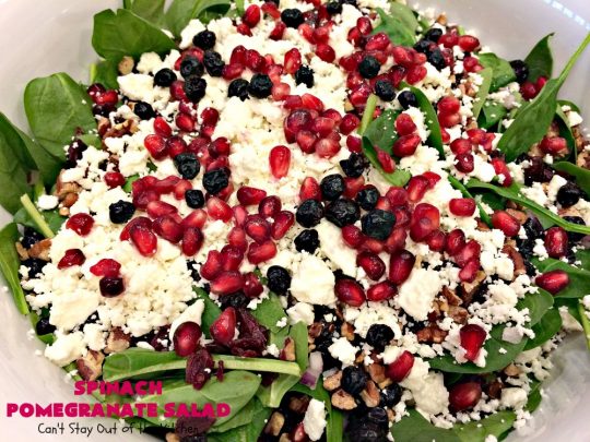 Spinach Pomegranate Salad | Can't Stay Out of the Kitchen | this fantastic #salad is filled with dried #blueberries, #craisins, #pecans #pomegranate arils & #feta cheese. It has a healthy 3-ingredient dressing using #maplesyrup. This is perfect for company or #holidays like #MothersDay or #FathersDay. #glutenfree #cleaneating