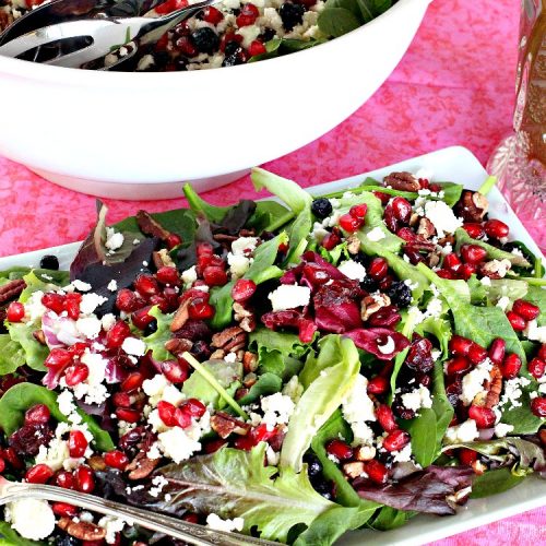 Spinach Pomegranate Salad | Can't Stay Out of the Kitchen | this fantastic #salad is filled with dried #blueberries, #craisins, #pecans #pomegranate arils & #feta cheese. It has a healthy 3-ingredient dressing using #maplesyrup. This is perfect for company or #holidays like #MothersDay or #FathersDay. #glutenfree #cleaneating
