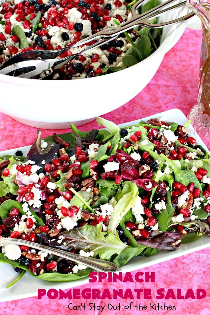 Spinach Pomegranate Salad | Can't Stay Out of the Kitchen | this fantastic #salad is filled with dried #blueberries, #craisins, #pecans #pomegranate arils & #feta cheese. It has a healthy 3-ingredient dressing using #maplesyrup. This is perfect for company or #holidays like #MothersDay or #FathersDay. #glutenfree #cleaneating