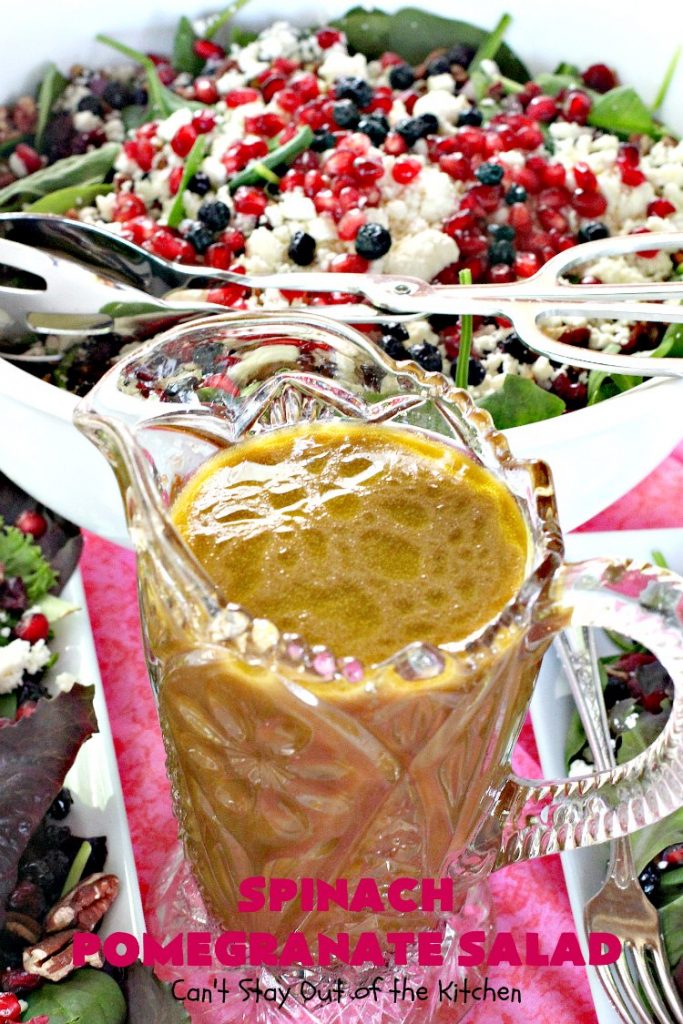 Spinach Pomegranate Salad | Can't Stay Out of the Kitchen | this fantastic #salad is filled with dried #blueberries, #craisins, #pecans #pomegranate arils & #feta cheese. It has a healthy 3-ingredient dressing using #maplesyrup. This is perfect for company or #holidays like #MothersDay or #FathersDay. #glutenfree #cleaneating