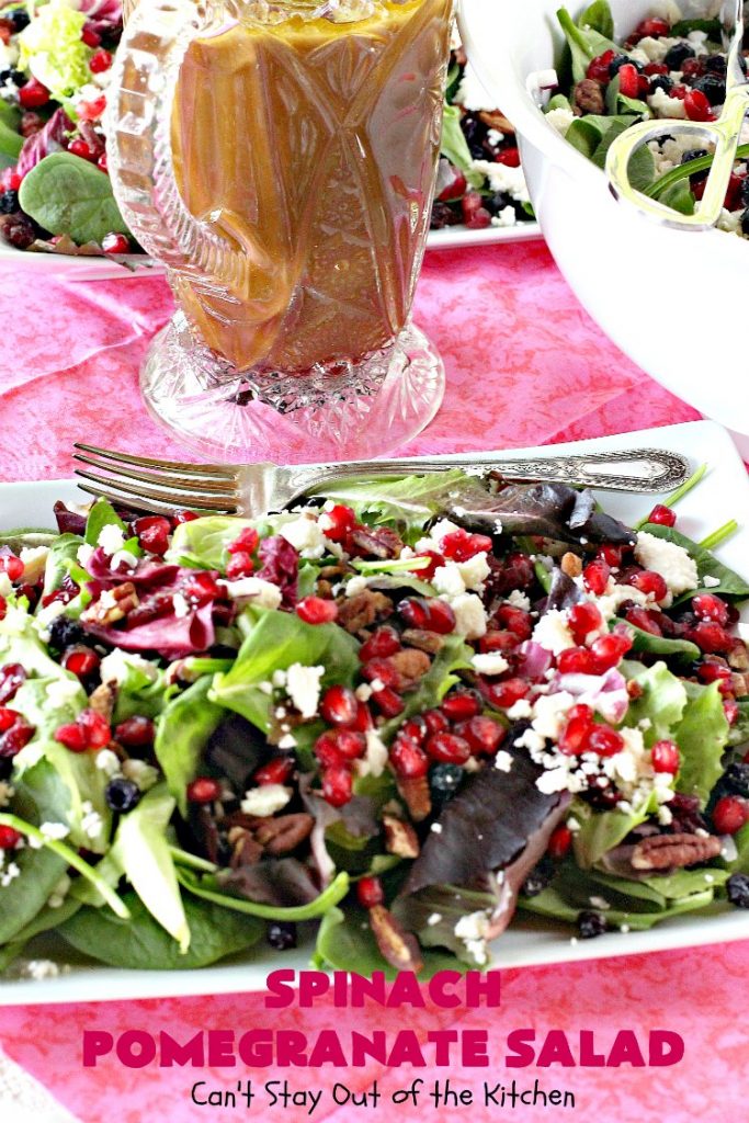 Spinach Pomegranate Salad | Can't Stay Out of the Kitchen | this fantastic #salad is filled with dried #blueberries, #craisins, #pecans #pomegranate arils & #feta cheese. It has a healthy 3-ingredient dressing using #maplesyrup. This is perfect for company or #holidays like #MothersDay or #FathersDay. #glutenfree #cleaneating