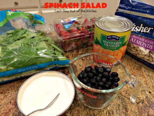 Spinach Salad | Can't Stay Out of the Kitchen | this luscious #spinach #salad includes #blueberries #strawberries #mandarinoranges & homemade glazed #almonds & #poppyseed dressing. It's terrific for company or #holiday dinners like #Easter, #MothersDay or #FathersDay. #vegan #glutenfree