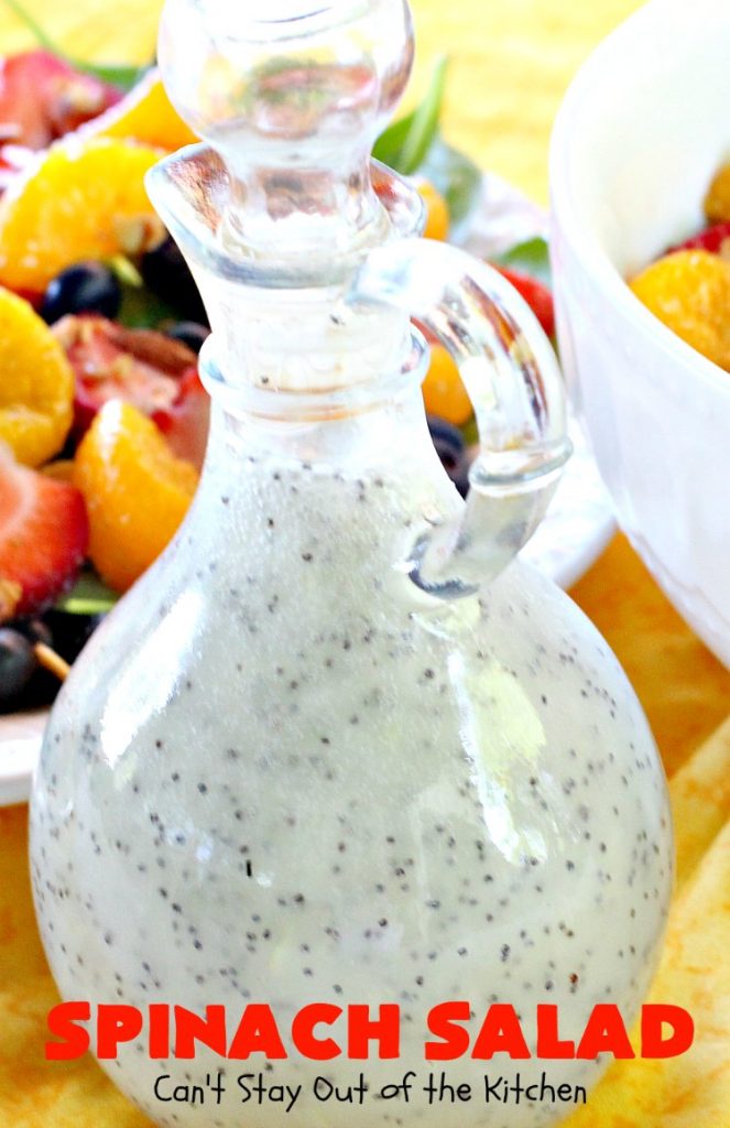 Spinach Salad | Can't Stay Out of the Kitchen | this luscious #spinach #salad includes #blueberries #strawberries #mandarinoranges & homemade glazed #almonds & #poppyseed dressing. It's terrific for company or #holiday dinners like #Easter, #MothersDay or #FathersDay. #vegan #glutenfree