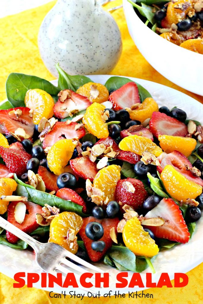 Spinach Salad | Can't Stay Out of the Kitchen | this luscious #spinach #salad includes #blueberries #strawberries #mandarinoranges & homemade glazed #almonds & #poppyseed dressing. It's terrific for company or #holiday dinners like #Easter, #MothersDay or #FathersDay. #vegan #glutenfree