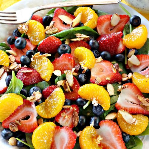 Spinach Salad | Can't Stay Out of the Kitchen | this luscious #spinach #salad includes #blueberries #strawberries #mandarinoranges & homemade glazed #almonds & #poppyseed dressing. It's terrific for company or #holiday dinners like #Easter, #MothersDay or #FathersDay. #vegan #glutenfree