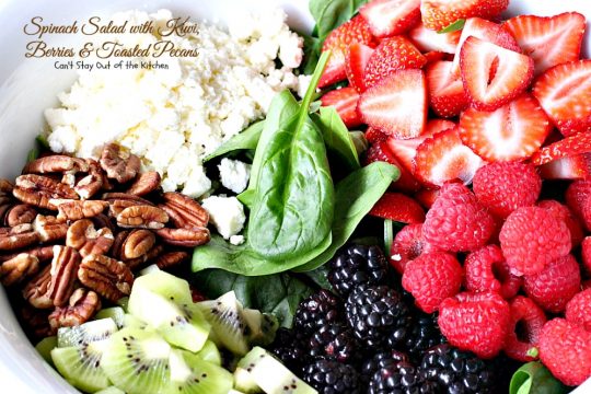 Spinach Salad with Kiwi, Berries and Toasted Pecans | Can't Stay Out of the Kitchen | This festive and scrumptious #salad is a lovely one to make during the #holidays. It's healthy, low calorie, and #glutenfree. #kiwi #blackberries #raspberries