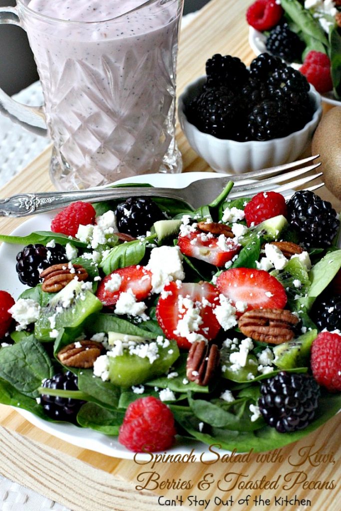 Spinach Salad with Kiwi, Berries and Toasted Pecans | Can't Stay Out of the Kitchen | This festive and scrumptious #salad is a lovely one to make during the #holidays. It's healthy, low calorie, and #glutenfree. #kiwi #blackberries #raspberries
