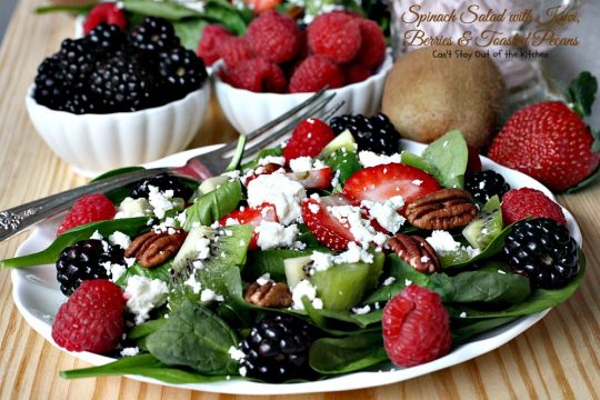 Spinach Salad with Kiwi, Berries and Toasted Pecans | Can't Stay Out of the Kitchen | This festive and scrumptious #salad is a lovely one to make during the #holidays. It's healthy, low calorie, and #glutenfree. #kiwi #blackberries #raspberries