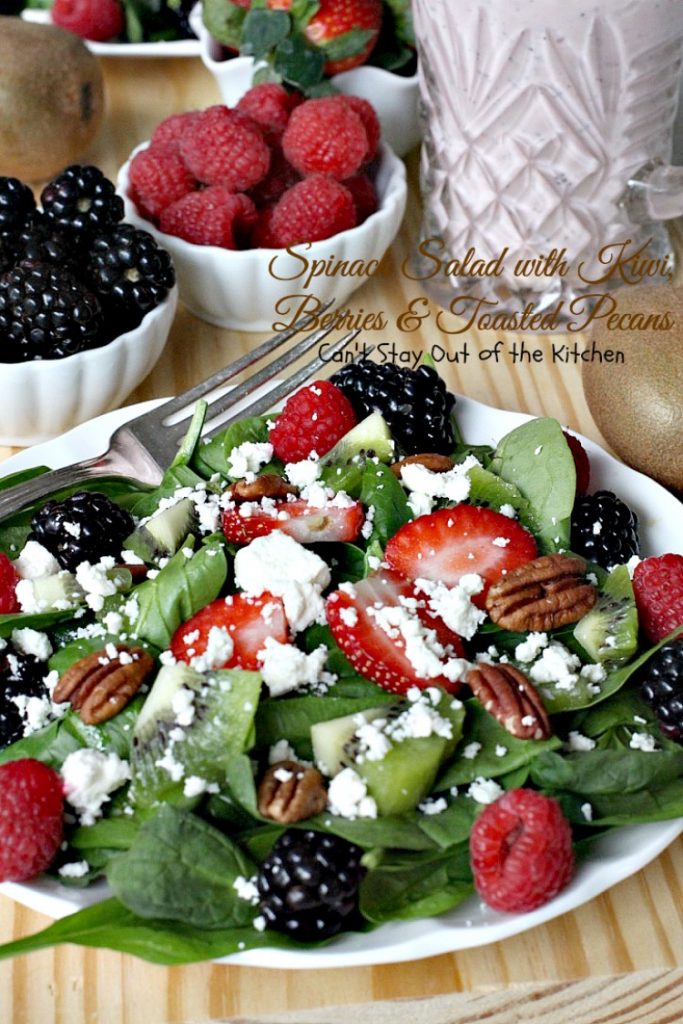 Spinach Salad with Kiwi, Berries and Toasted Pecans | Can't Stay Out of the Kitchen | This festive and scrumptious #salad is a lovely one to make during the #holidays. It's healthy, low calorie, and #glutenfree. #kiwi #blackberries #raspberries
