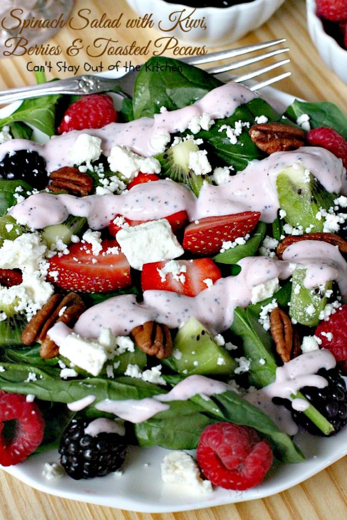 Spinach Salad with Kiwi, Berries and Toasted Pecans | Can't Stay Out of the Kitchen | This festive and scrumptious #salad is a lovely one to make during the #holidays. It's healthy, low calorie, and #glutenfree. #kiwi #blackberries #raspberries