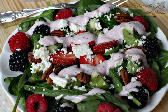 Spinach Salad with Kiwi, Berries and Toasted Pecans | Can't Stay Out of the Kitchen | This festive and scrumptious #salad is a lovely one to make during the #holidays. It's healthy, low calorie, and #glutenfree. #kiwi #blackberries #raspberries