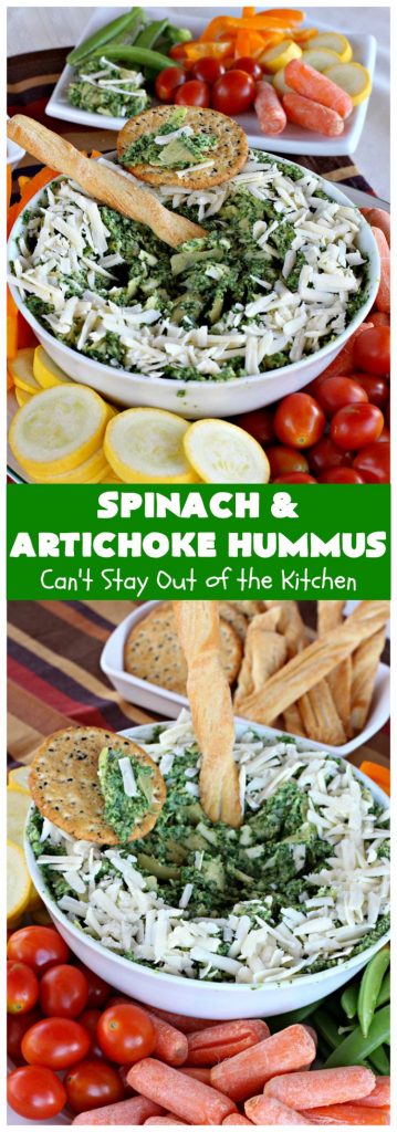 Spinach and Artichoke Hummus | Can't Stay Out of the Kitchen | this crowd-pleasing #appetizer is perfect for #tailgating parties or the #SuperBowl. The combination of #Spinach #Artichoke dip & #hummus is amazing. #SpinachArtichokeHummus #healthy #lowcalorie #Romano #glutenfree #GlutenFreeAppetizer
