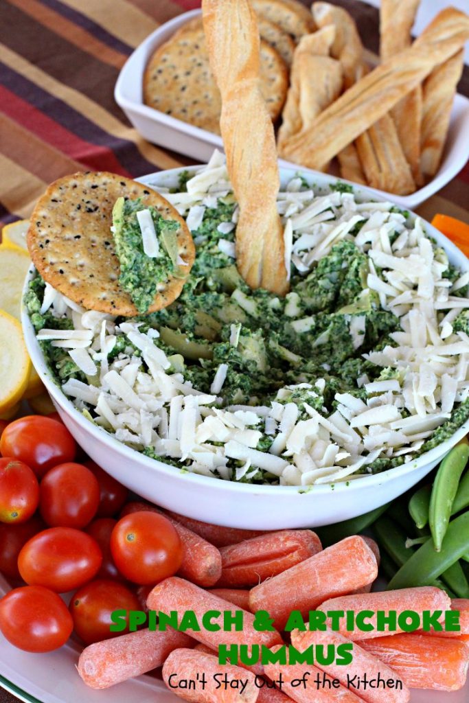 Spinach and Artichoke Hummus | Can't Stay Out of the Kitchen | this crowd-pleasing #appetizer is perfect for #tailgating parties or the #SuperBowl. The combination of #Spinach #Artichoke dip & #hummus is amazing. #SpinachArtichokeHummus #healthy #lowcalorie #Romano #glutenfree #GlutenFreeAppetizer