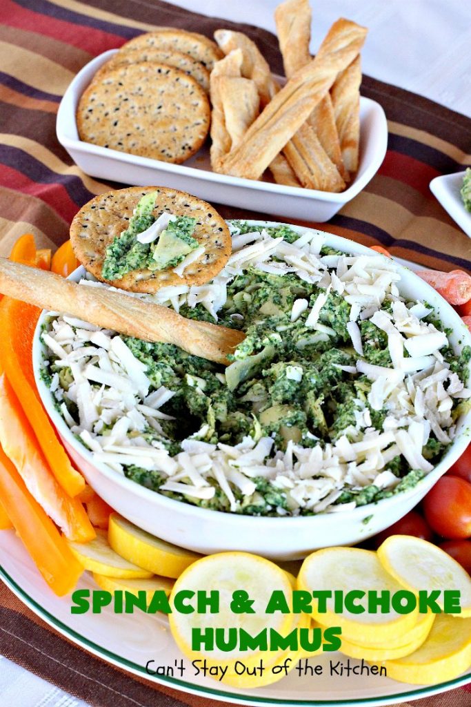 Spinach and Artichoke Hummus | Can't Stay Out of the Kitchen | this crowd-pleasing #appetizer is perfect for #tailgating parties or the #SuperBowl. The combination of #Spinach #Artichoke dip & #hummus is amazing. #SpinachArtichokeHummus #healthy #lowcalorie #Romano #glutenfree #GlutenFreeAppetizer