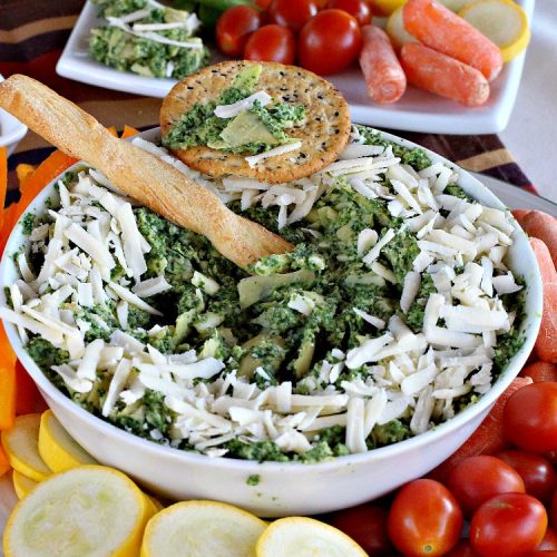 Spinach and Artichoke Hummus | Can't Stay Out of the Kitchen | this crowd-pleasing #appetizer is perfect for #tailgating parties or the #SuperBowl. The combination of #Spinach #Artichoke dip & #hummus is amazing. #SpinachArtichokeHummus #healthy #lowcalorie #Romano #glutenfree #GlutenFreeAppetizer